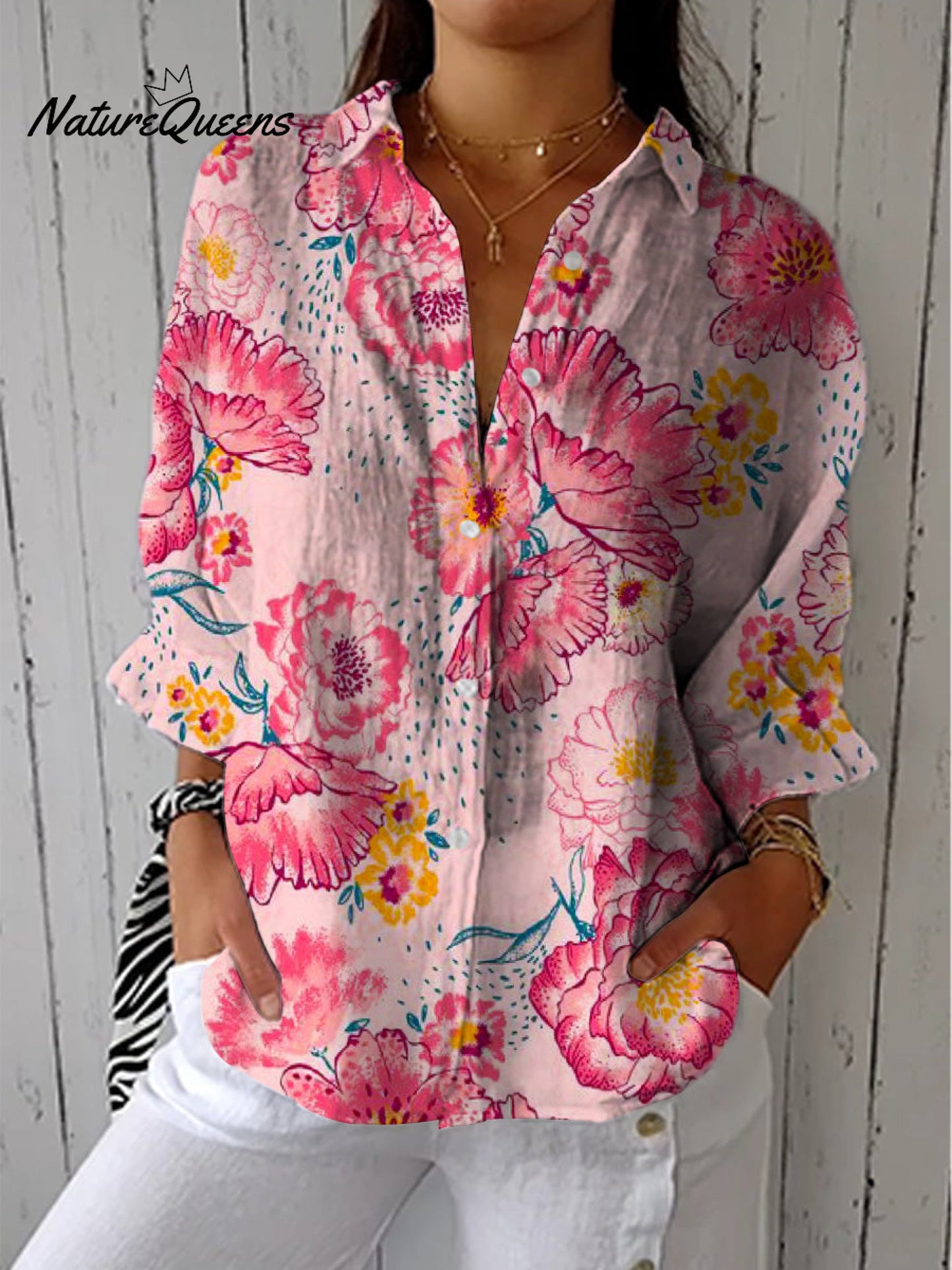 Zia™ | Camisa informal de algodón y lino con cuello en V y estampado floral vintage para mujer