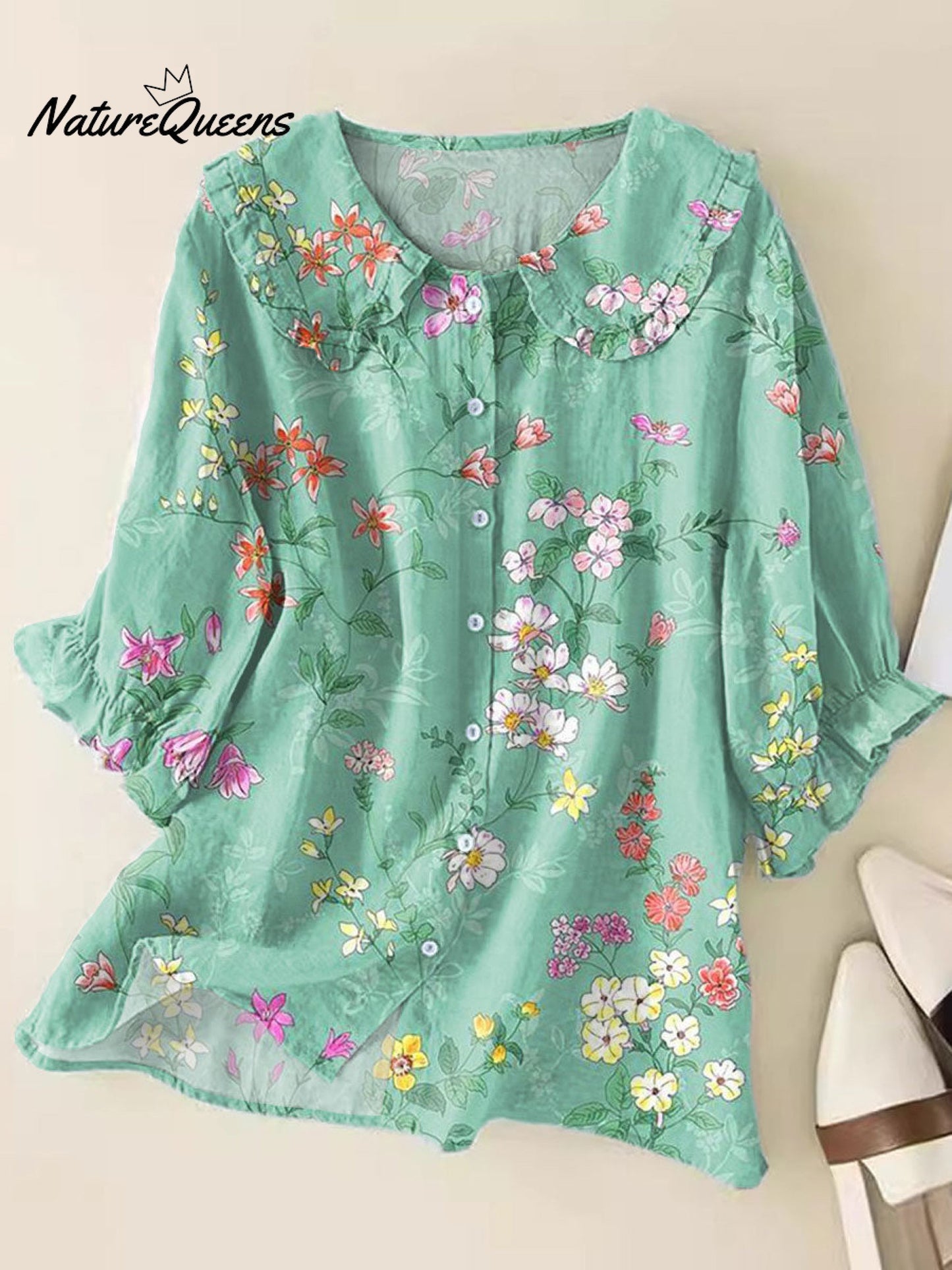 Mio™ | Blusas de mujer con estampado floral vintage, corte holgado, cuello Peter Pan y manga corta
