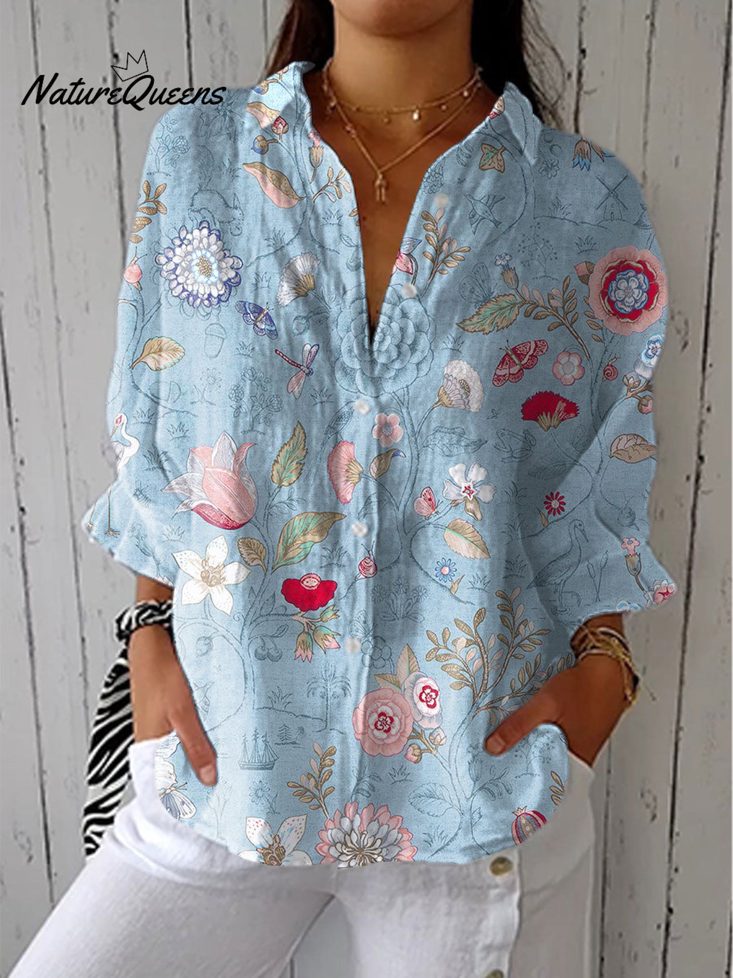 Women's Bright Flower Art Print Casual Linen V-neck Shirt