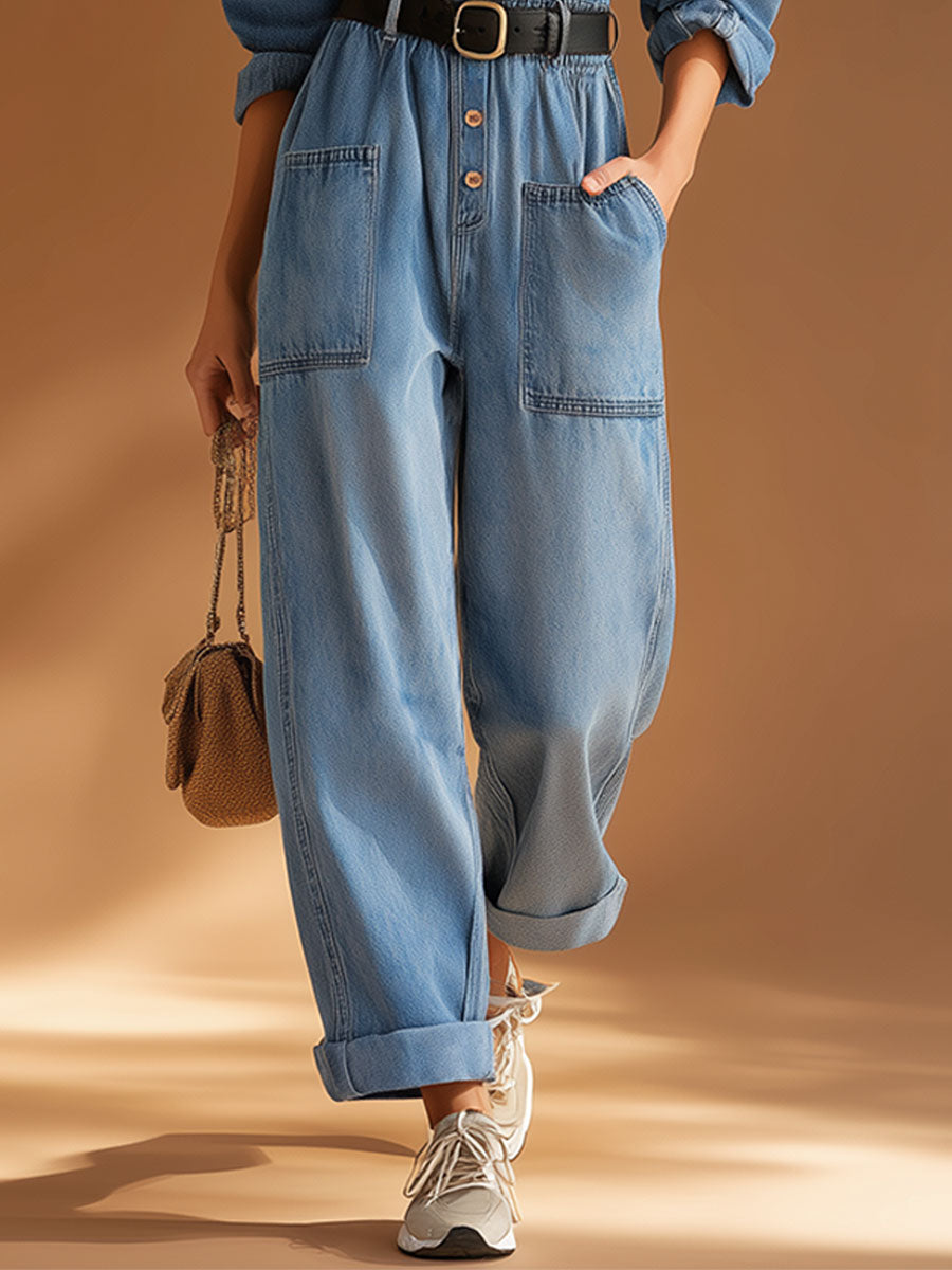 Silve™ | Mono de manga larga de denim azul, estilo casual retro, con solapa y botones