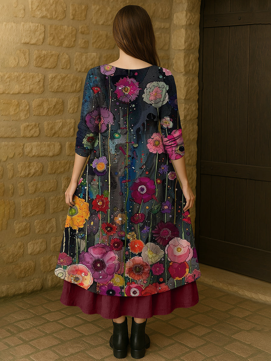 Mereana™ | Vestido midi de algodón con estampado floral botánico retro boho, cuello en V, doble dobladillo y mangas largas