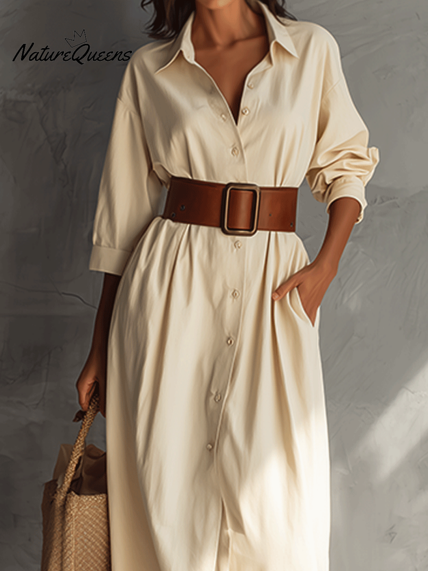 Veda™ | Vestido largo informal de color crema con cuello de lazo