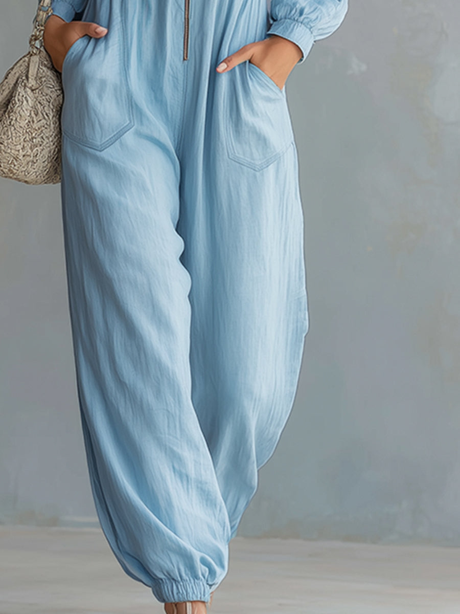 Novaire™ | Mono de manga larga en azul claro, de algodón y lino, con cremallera frontal y estilo urbano elegante