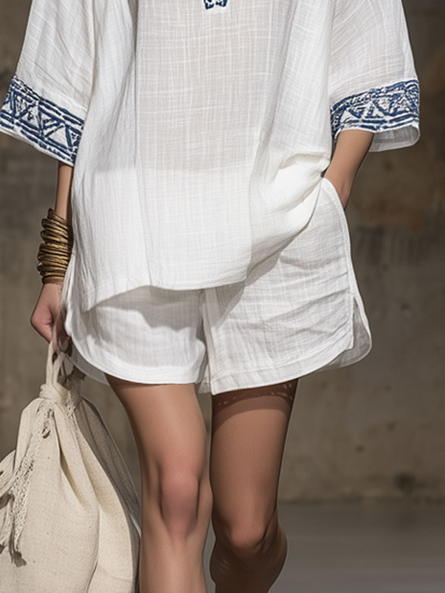 Lunar™ | Conjunto de camiseta de manga corta y pantalones cortos de algodón y lino blanco con bordados de estilo bohemio