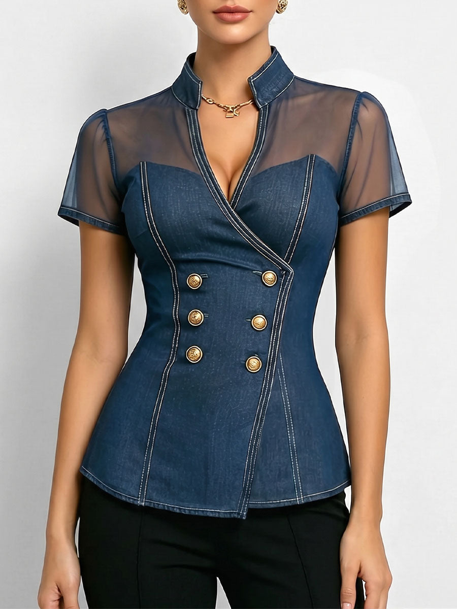 Xae™ | Top informal holgado de manga corta con cuello en V y paneles de denim para mujer