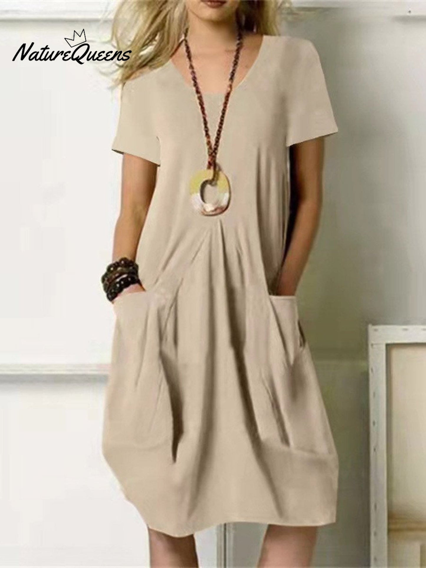 Kriya™ | Vestido informal y elegante de algodón y lino para mujer, de corte holgado y en color liso