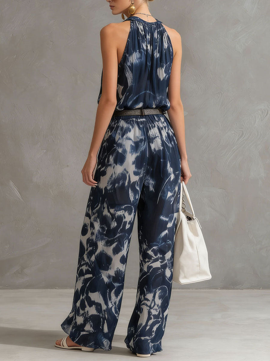 Blux™ | Conjunto de gasa con estampado abstracto para mujer: top sin mangas de corte holgado con cuello en V y pantalones de pierna ancha con cintura elástica