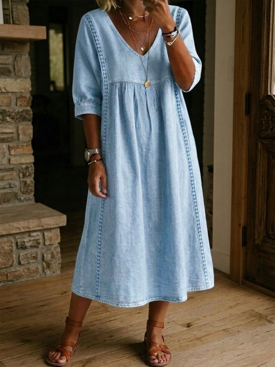 Savyon™ | Vestido vaquero con ribete de encaje para mujer – Vestido vaquero vintage de corte holgado e informal