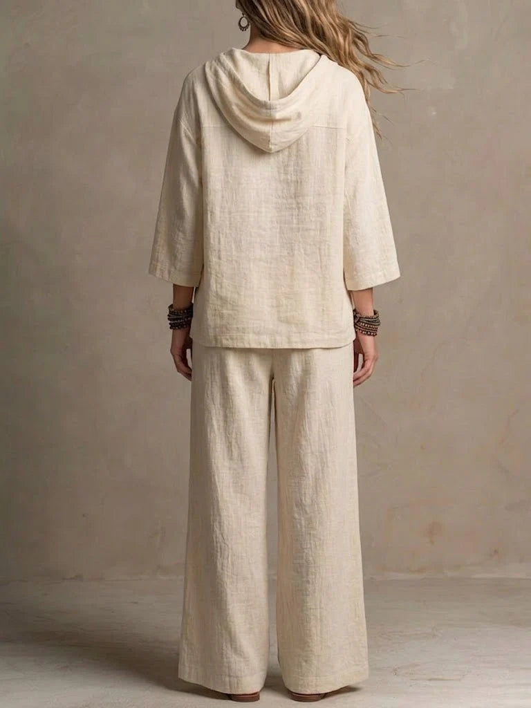 Hedda™ | Conjunto de sudadera con capucha y pantalones anchos de estilo informal para mujer, en algodón y lino