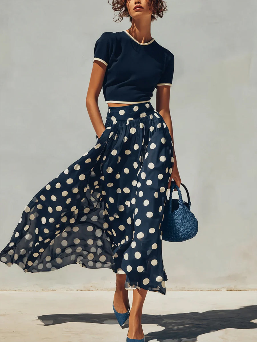 Kra™ | Conjunto de dos piezas con estilo y elegancia: jersey de punto y falda de lunares