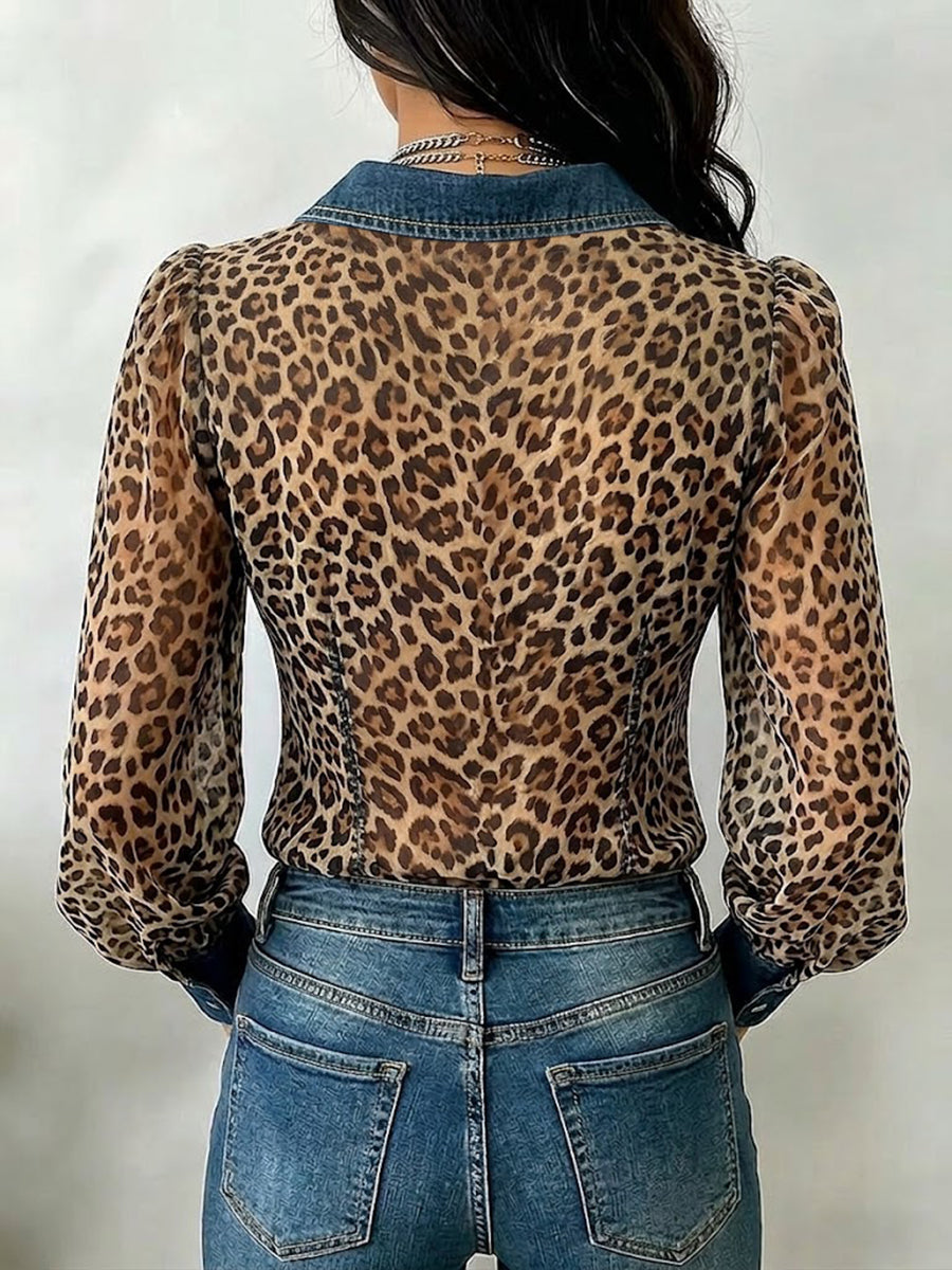 Clarissa™ | Camisa informal y elegante de denim con detalles de costura y estampado de leopardo