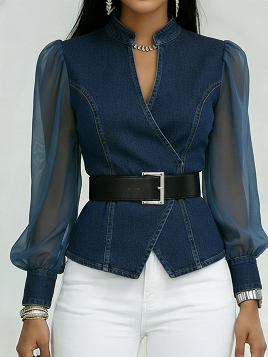 Glitzy™ | Top vaquero elegante y entallado con mangas de organza.