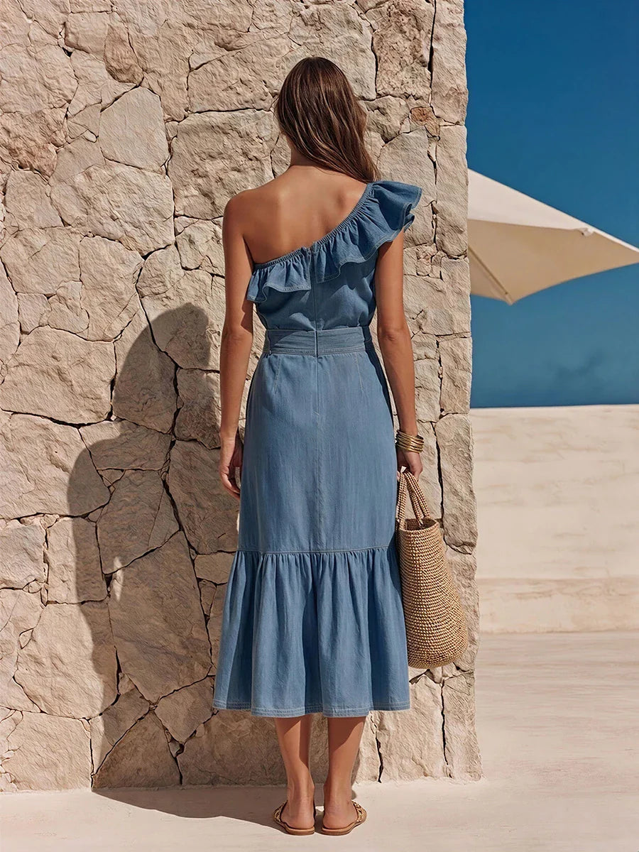 Krvn™ | Vestido vaquero con volantes de estilo casual chic