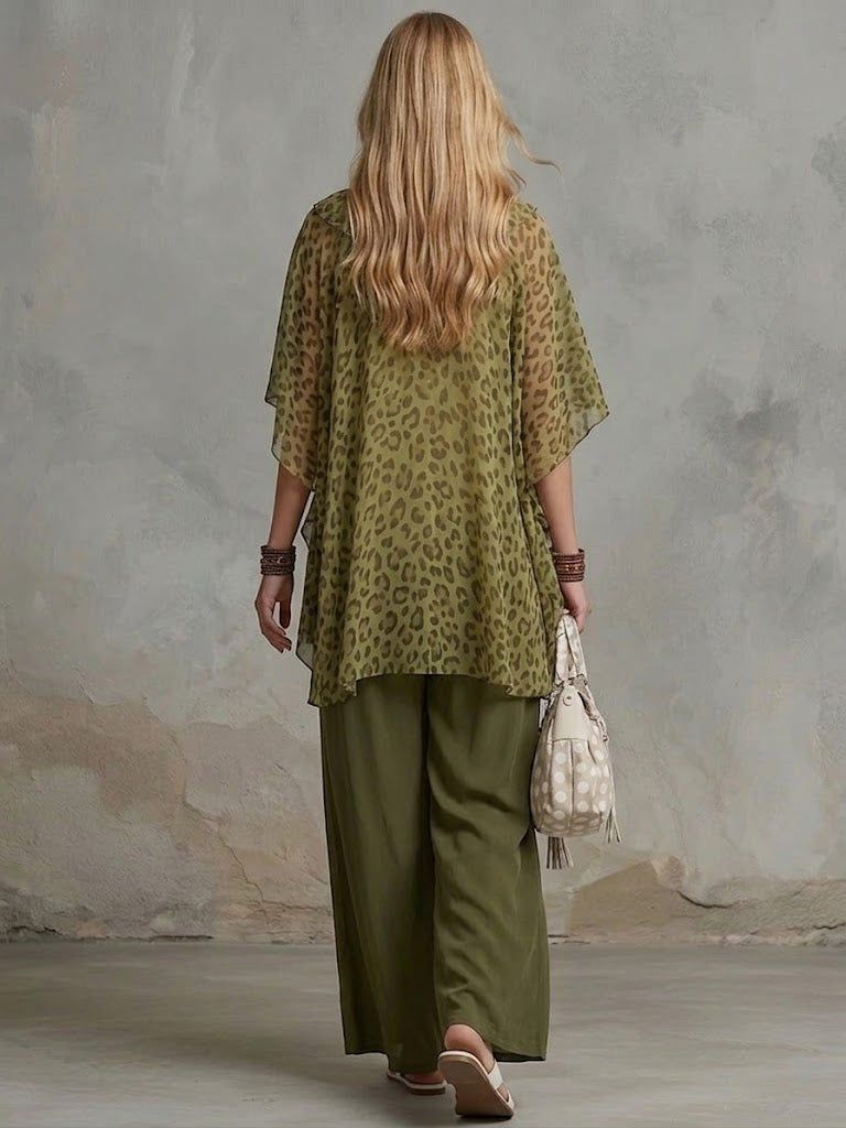 Symphony™ | Conjunto de dos piezas (top y pantalón) de gasa holgado y cómodo con estampado de leopardo