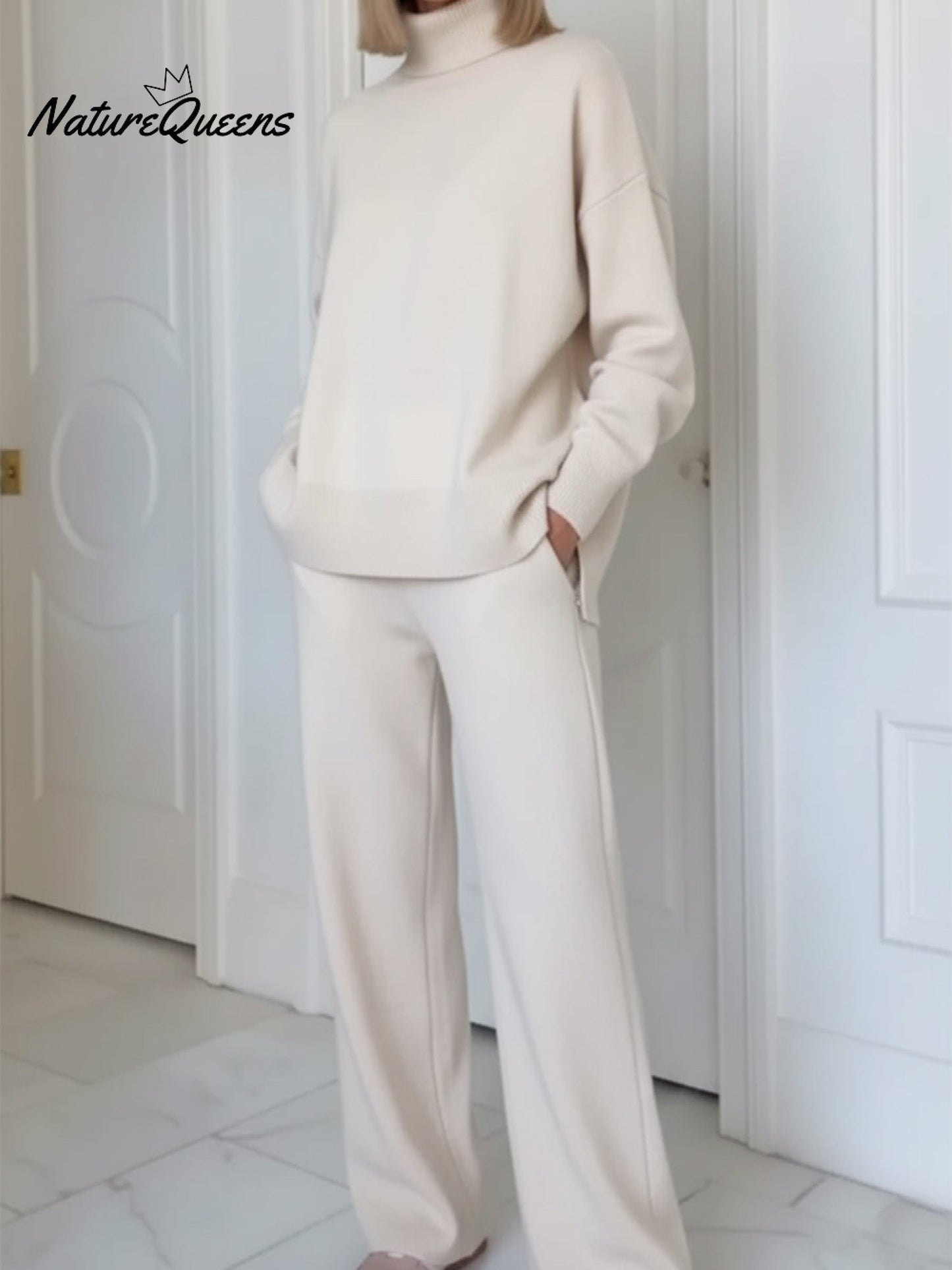 Maya™ | Conjunto de dos piezas para viajar: top informal con cuello alto y cremallera lateral, y pantalones rectos