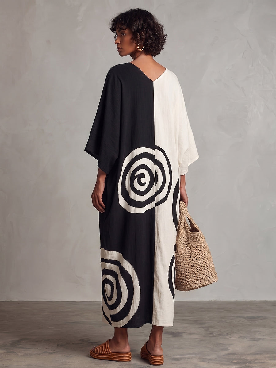 Volt™ | Vestido de algodón y lino con diseño artístico en blanco y negro y remolinos en bloques de color