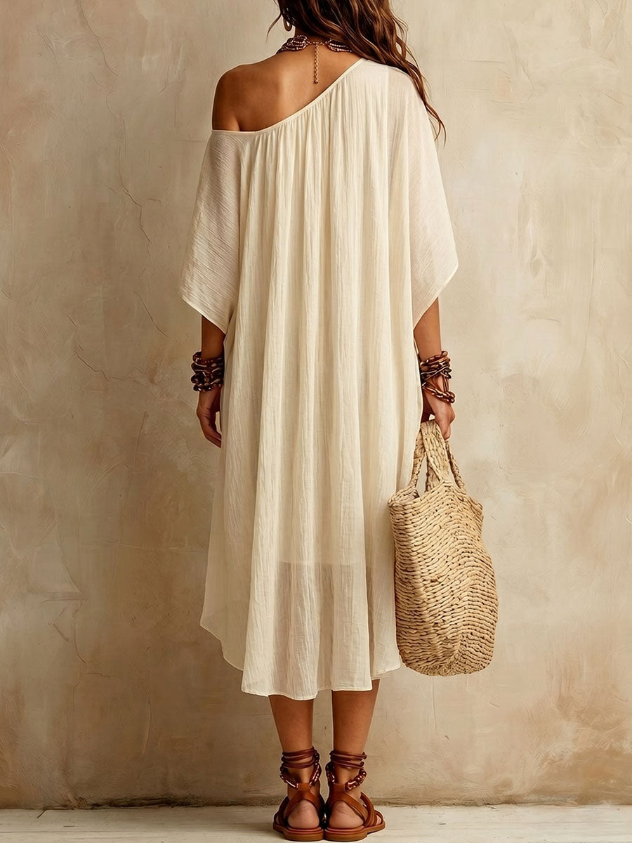 Nx™ | Vestido de mujer de gasa vaporosa con cuello asimétrico y manga corta