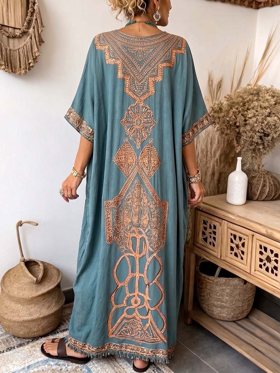 Fx™ | Vestido informal holgado de algodón y lino para mujer, con estampado en zonas concretas, cuello en V y mangas 3/4