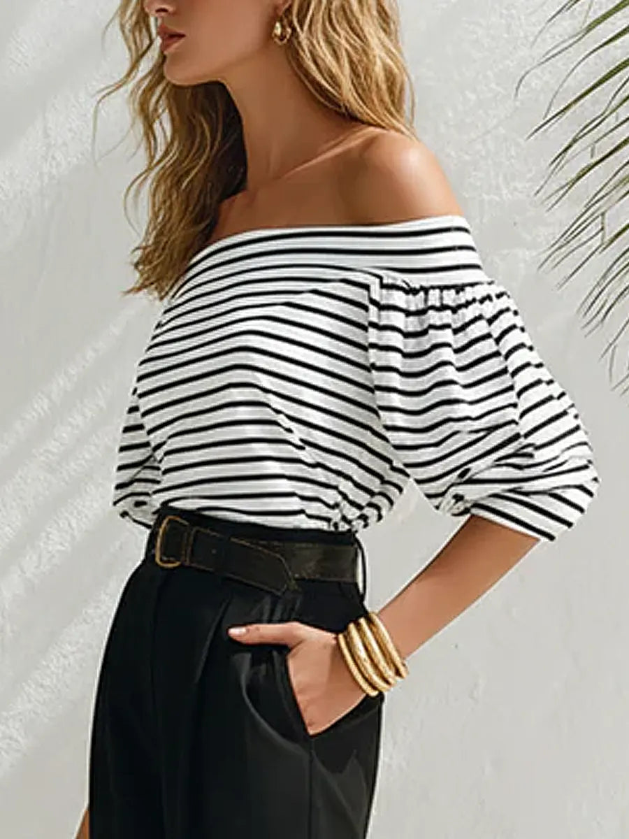 Brick™ | Camisa informal de algodón para mujer, con diseño artístico de rayas retro y hombros al aire