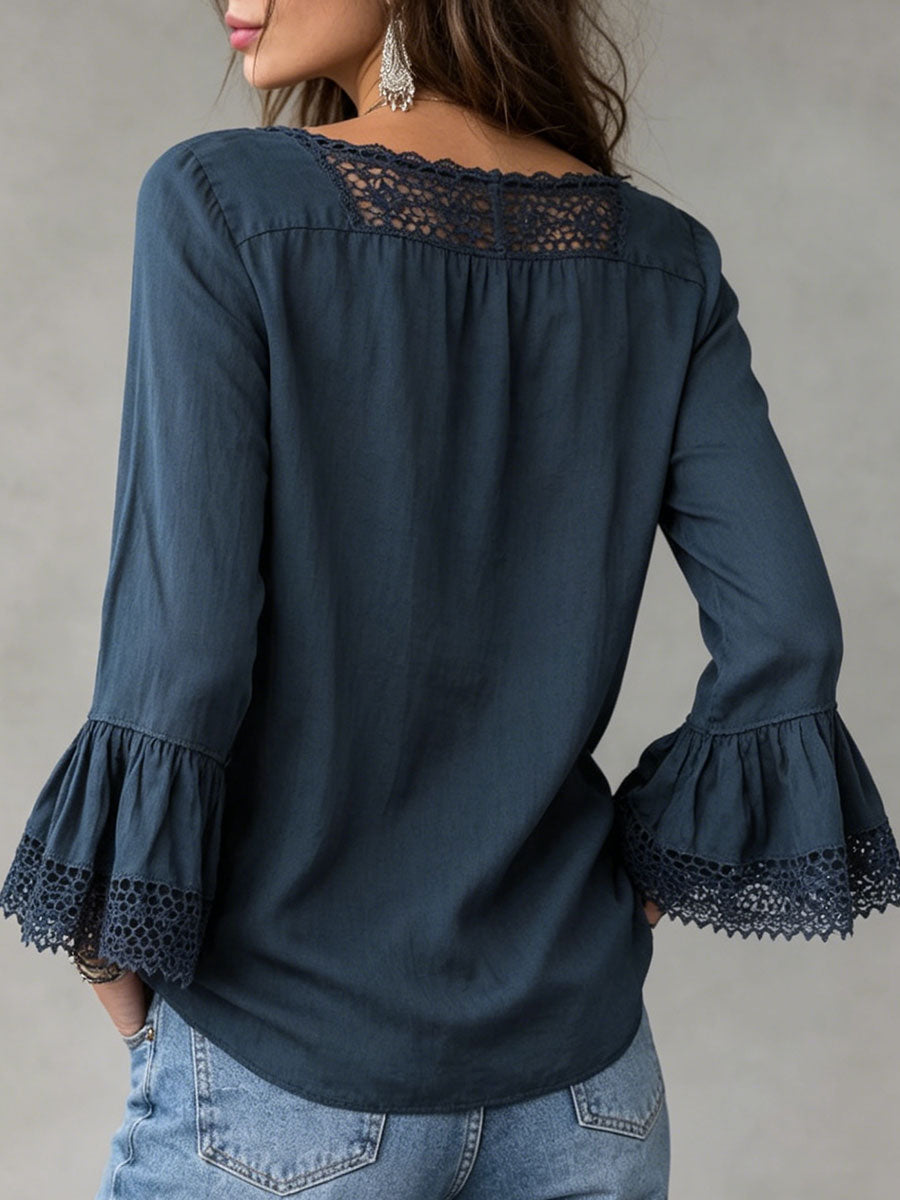 Jx™ | Camisa retro de algodón y lino con cuello de encaje para mujer