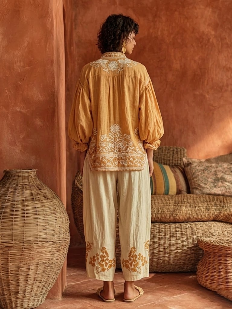 Wx™ | Conjunto de dos piezas (top y pantalón) de lino y algodón con estampado floral bohemio