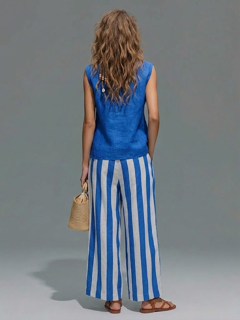 One™ | Conjunto de dos piezas compuesto por un top sin mangas informal de lino y algodón y unos pantalones a rayas