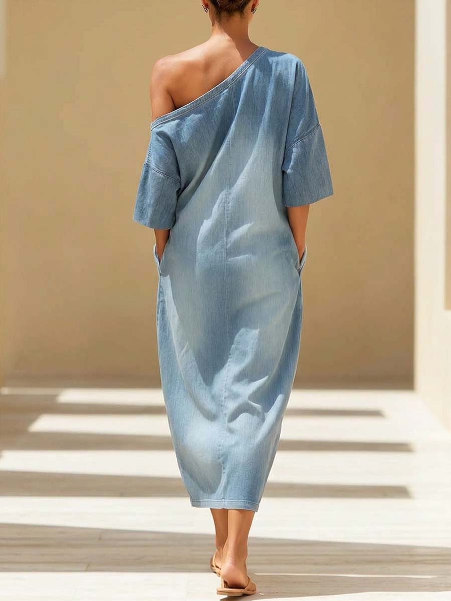 Isabella™ | Vestido vaquero de mujer, de estilo artístico y moderno, con hombros al aire, cómodo y de estilo informal