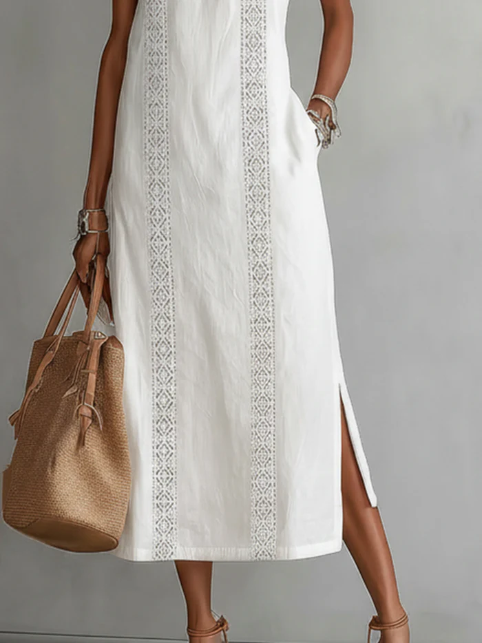 Zyth™ | Vestido minimalista de lino con encaje, estilo retro y acogedor