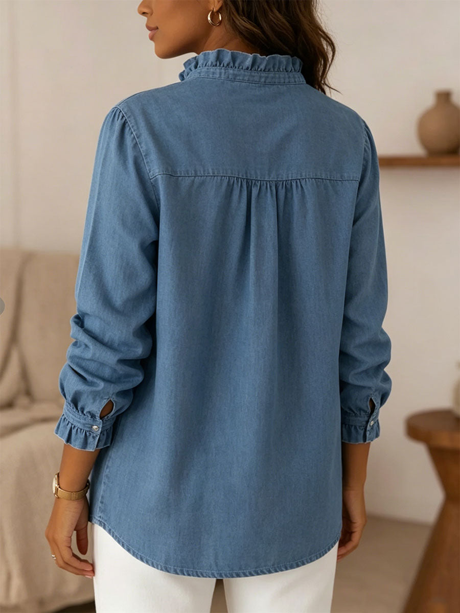 Victoria™ | Camisa vaquera de manga larga con cuello en V y volantes para mujer