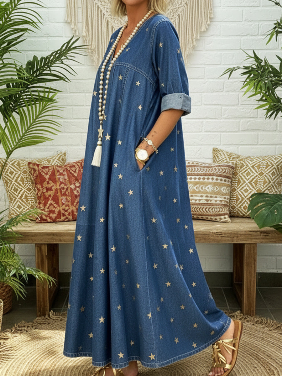 Alure™ | Vestido informal de denim 100 % algodón con estampado de estrellas doradas