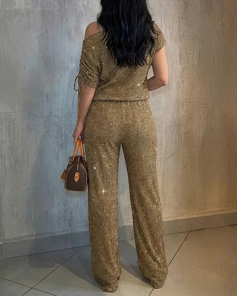 Stylish, Comfortable, And Sparkling Rhinestone Sleeveless Top And Pants Two-piece Set