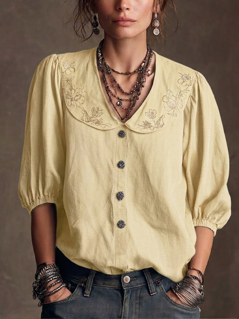 Prana™ | Camisa retro de lino y algodón con cuello Peter Pan