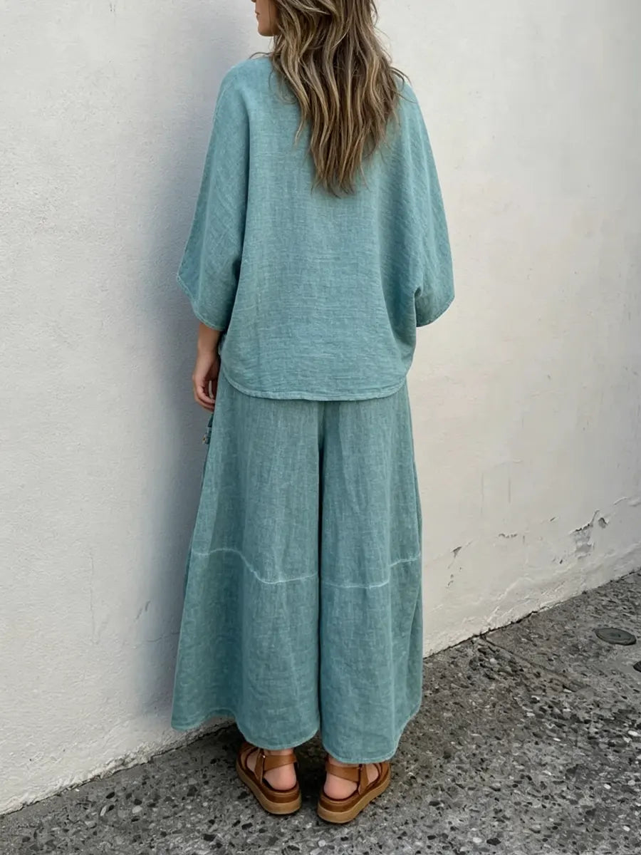 Gazza™ | Conjunto de algodón y lino con efecto vintage desgastado para mujer