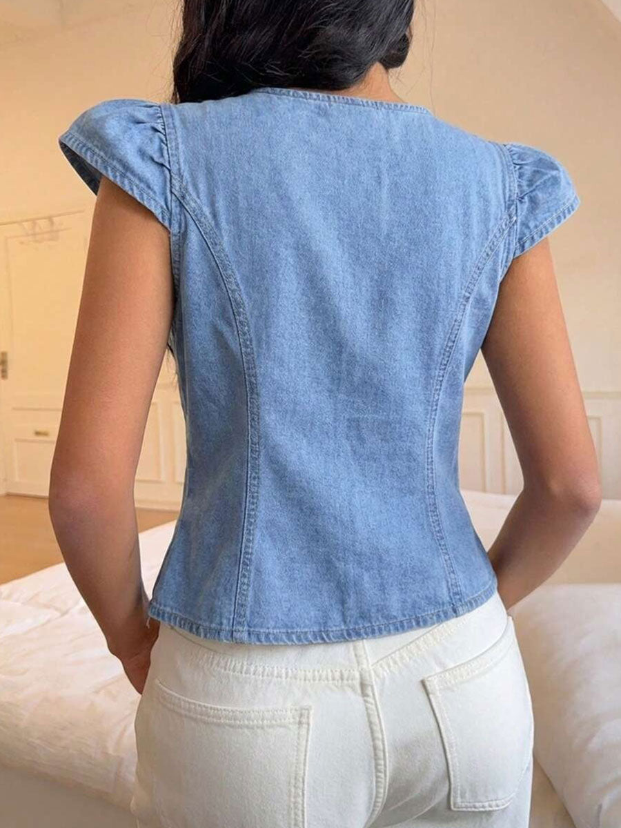 Phma™ | Camisa informal de denim sin mangas y cuello redondo