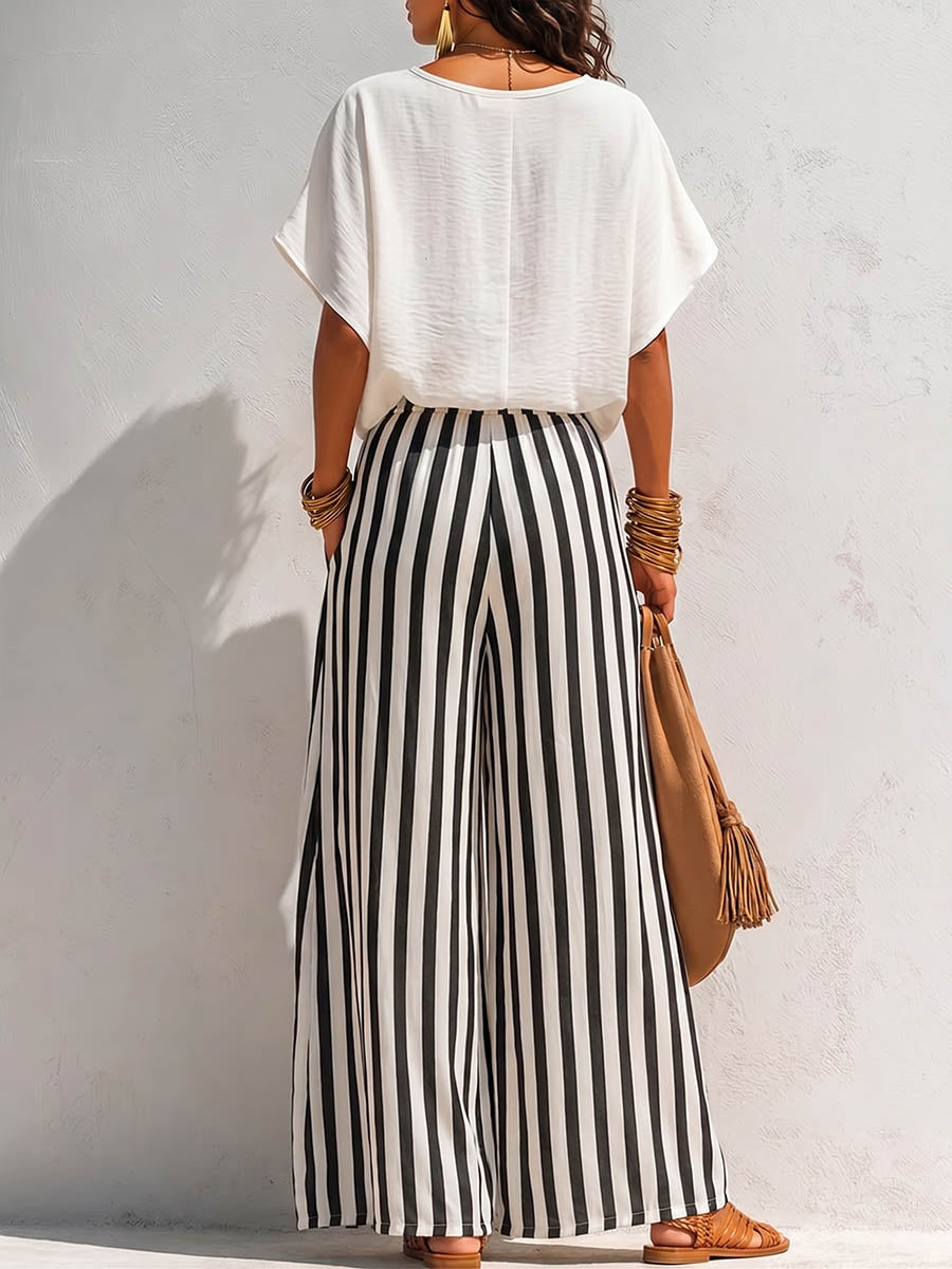 Rx™ | Conjunto compuesto por una blusa holgada de algodón y lino de manga corta y cuello vuelto en color liso