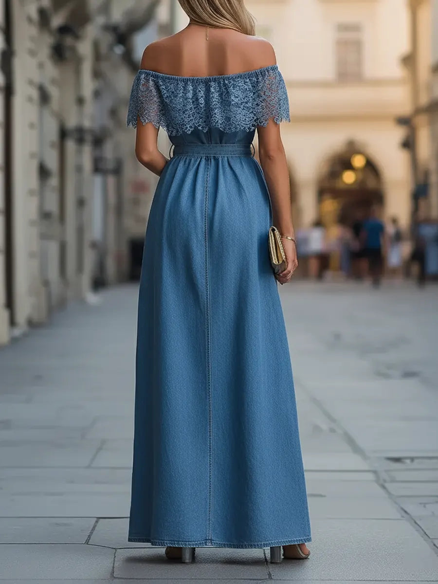 Lustra™ | Vestido largo de mezclilla con parches de encaje para mujer