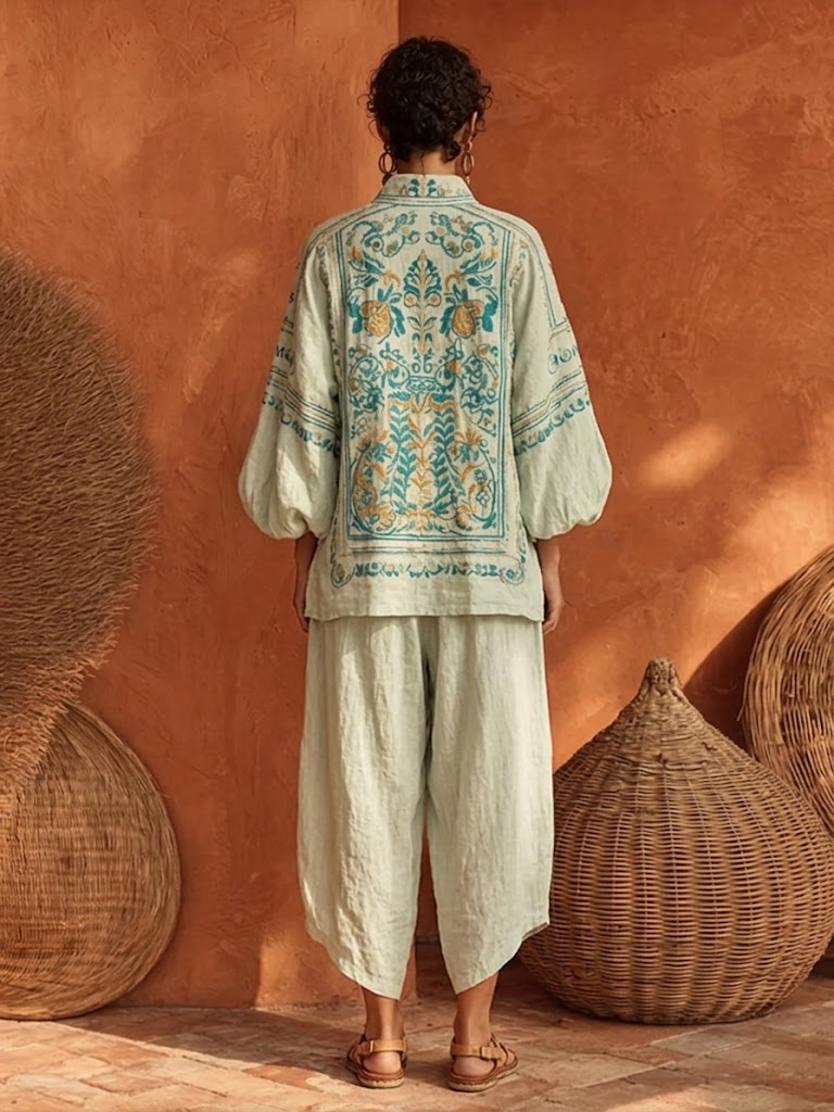 Mx™ | Conjunto de dos piezas (top y pantalón) de lino y algodón con estampado floral bohemio