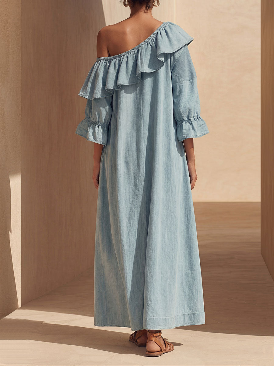 Sera™ | Vestido informal holgado de denim con hombros al aire y mangas 3/4 para mujer