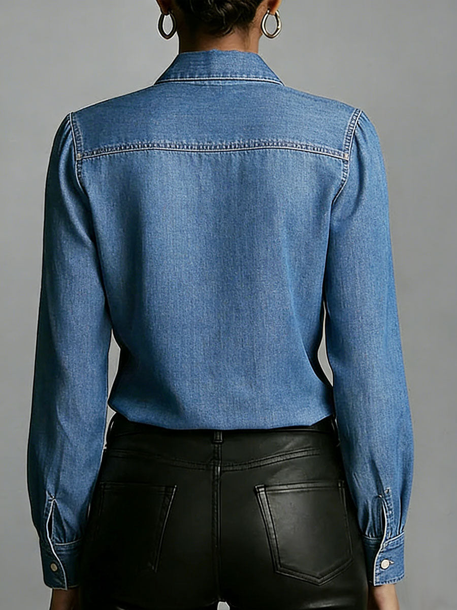 Fluvia™ | Camisa vaquera informal de mujer, holgada, de manga larga y con cuello de solapa y volantes