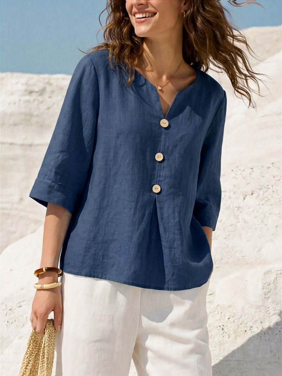 Jex™ | Top informal holgado de algodón y lino para mujer, de color liso, con cuello en V y mangas 3/4