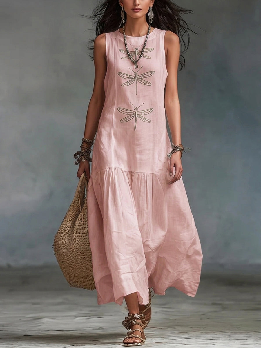 Riviere™ | Vestido largo de algodón y lino con estampado de libélulas de estilo retro boho