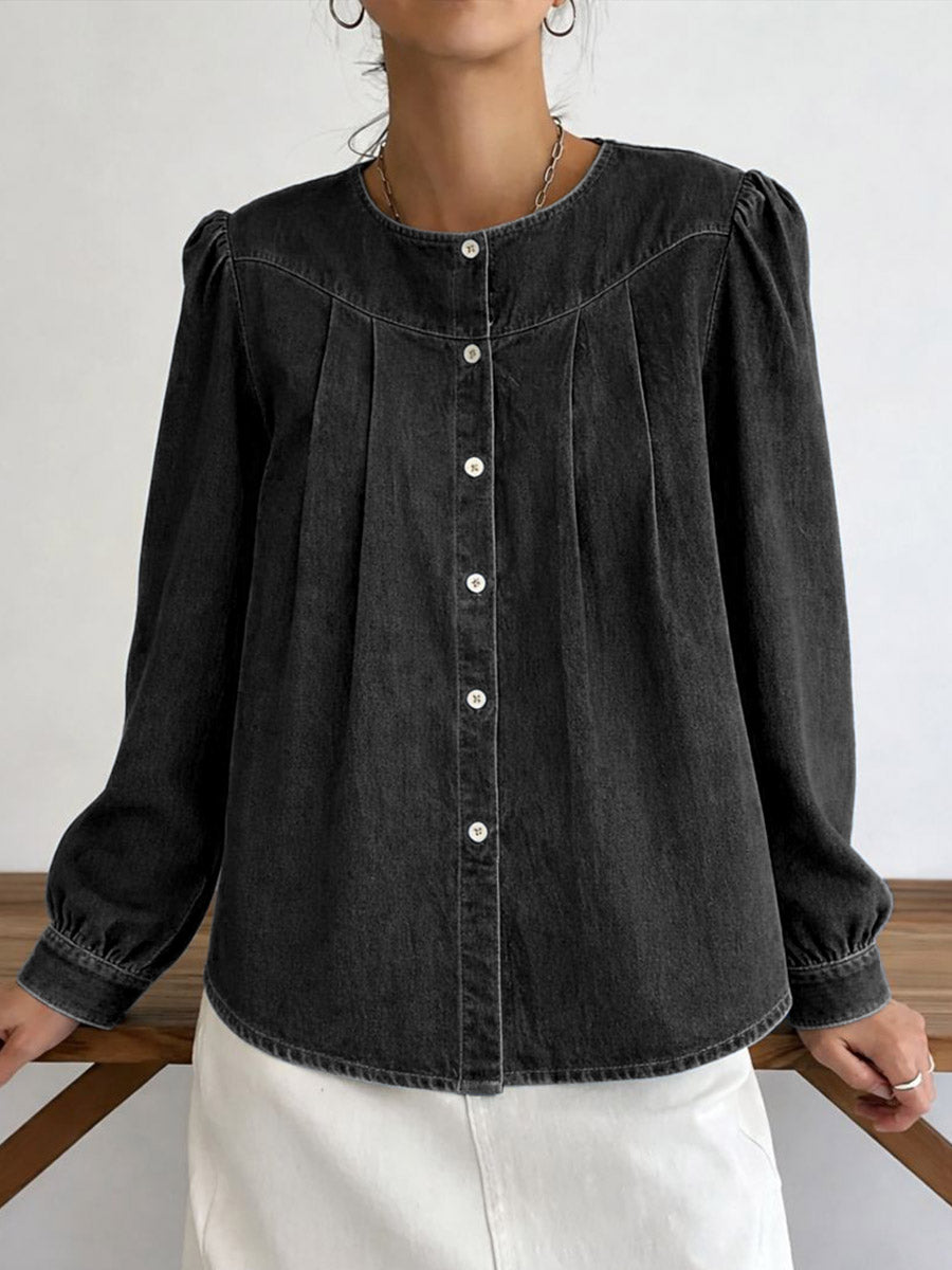 Amourelle™ | Camisa vaquera holgada de manga larga y cuello redondo para mujer