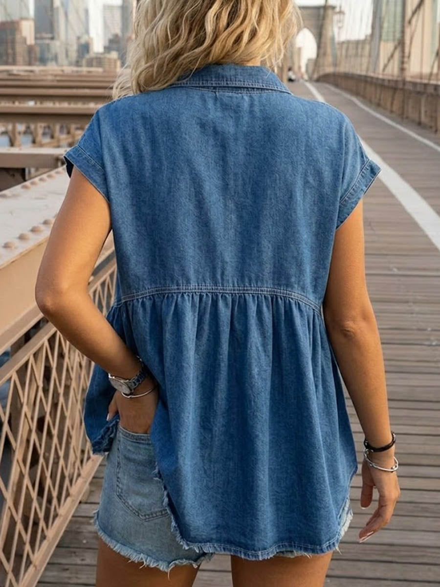 Adora™ | Camisa vaquera informal holgada de manga corta con solapas para mujer