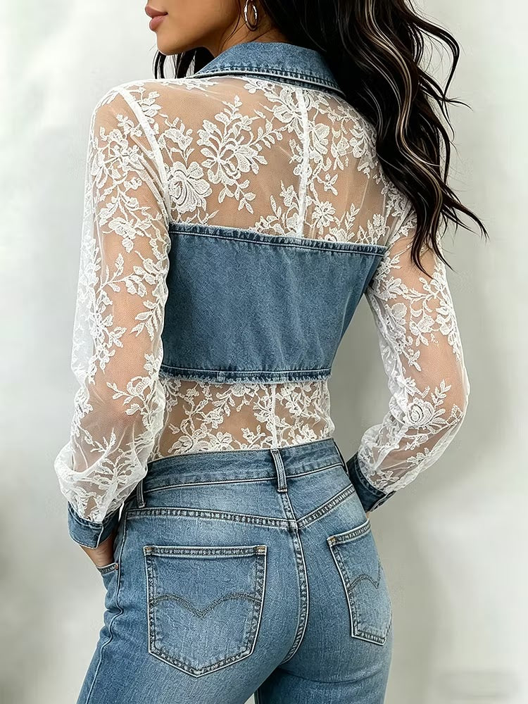 Caterina™ | Camisa elegante y sexy de denim y encaje con detalles de costura