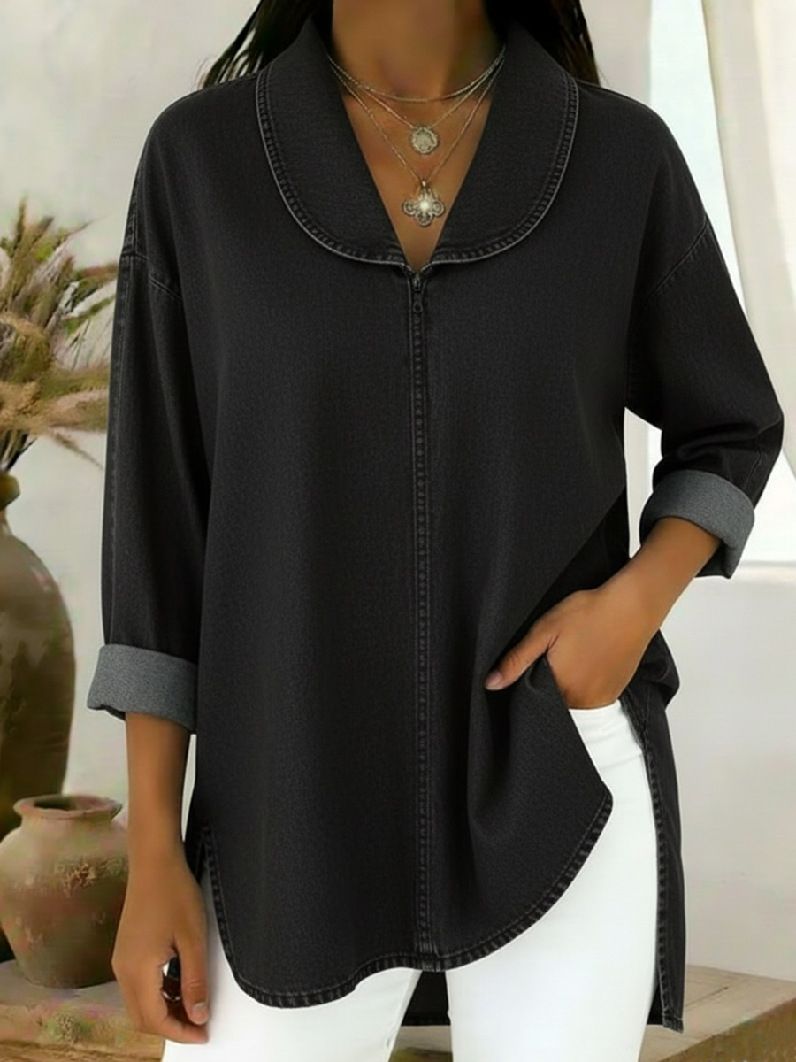 Shale™ | Top de algodón vaquero con cuello chal de estilo retro