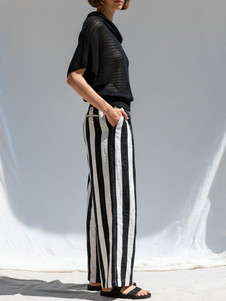 Astrid™ | Conjunto de dos piezas informal y cómodo: top de punto y pantalones a rayas de lino y algodón