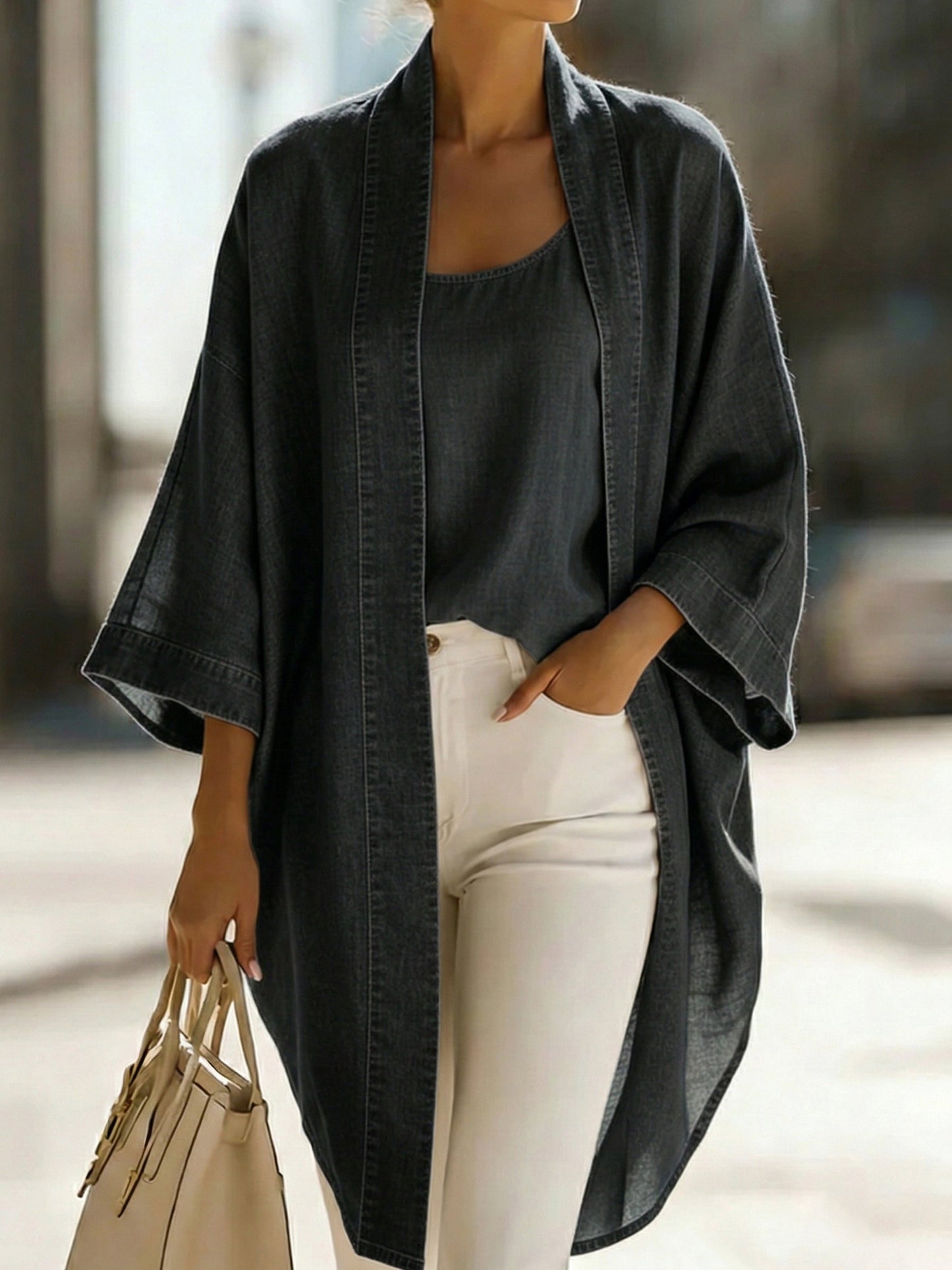 Loft™ | Conjunto informal de dos piezas de denim para mujer: top elegante para el día a día y pantalones de pierna ancha