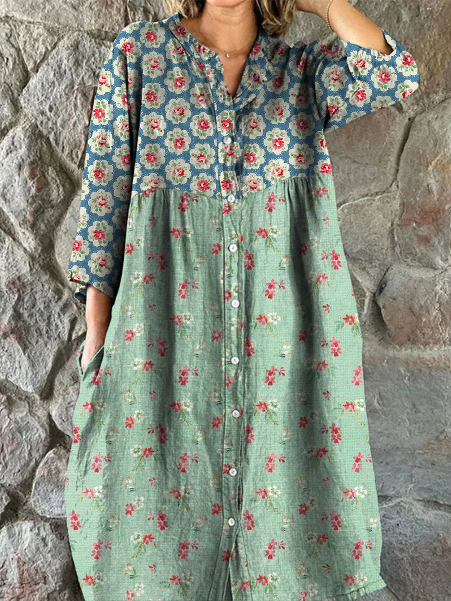 Lanuola™ | Vestido midi de estilo vintage chic con estampado floral retro, cuello en V abotonado y mangas largas