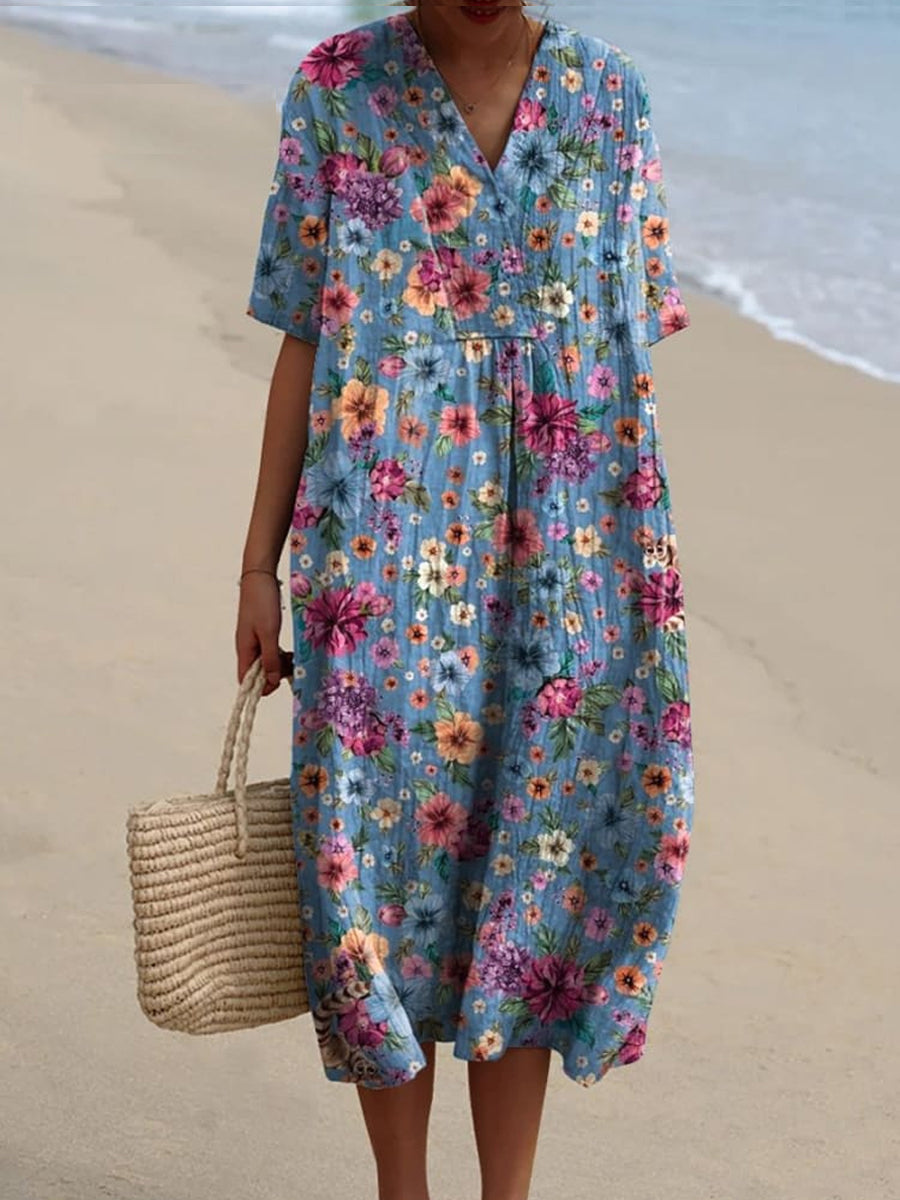 Élégante et chic ample robe mi-longue à manches courtes avec col en V imprimé floral vintage
