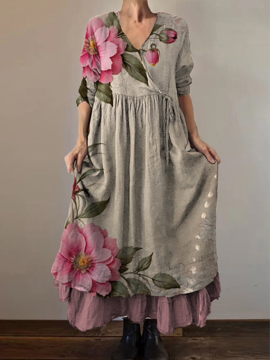 Talila ™ | Vestido midi de algodón con estampado floral botánico retro boho, cuello en V, doble dobladillo y mangas largas